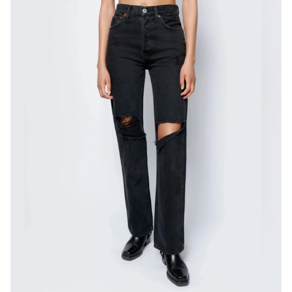 RE/DONE High Rise Loose Washed Black Distressed Ripped Denim Jeans 90s Grunge 27